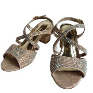 Pierre Dumas Gold Bling Homecoming Sandals Shoes Sling Back Block Heel Sz 7M